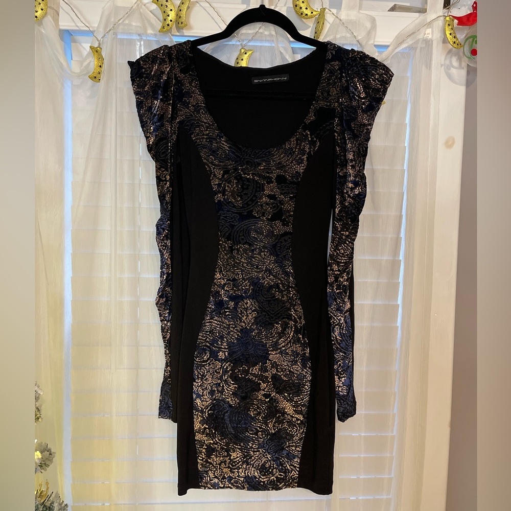 Royal blue and Champaign velour dress with black paneling.